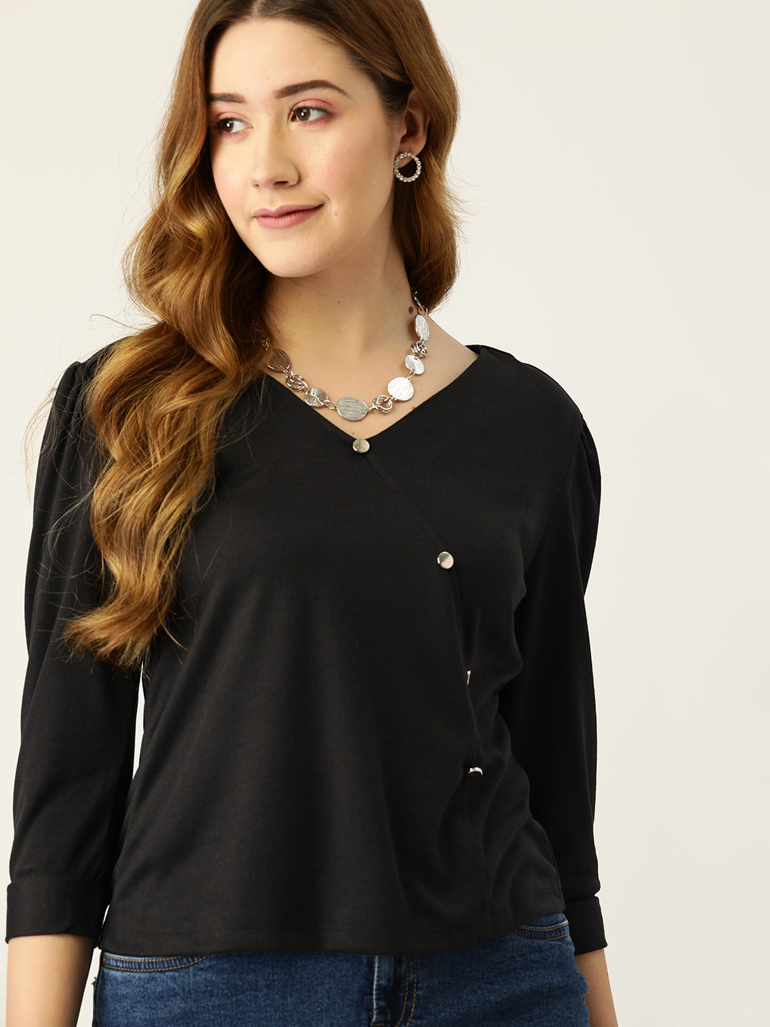 

DressBerry Black V-Neck Asymmetric Mock Buttons Top