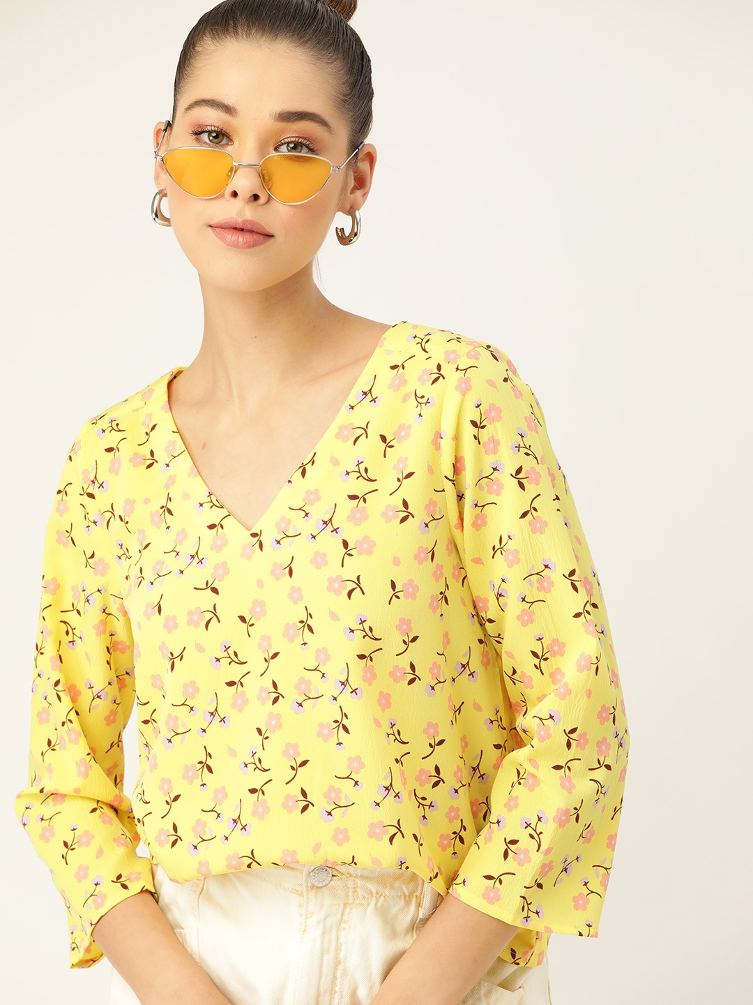 

DressBerry Yellow & Pink Floral Regular Top