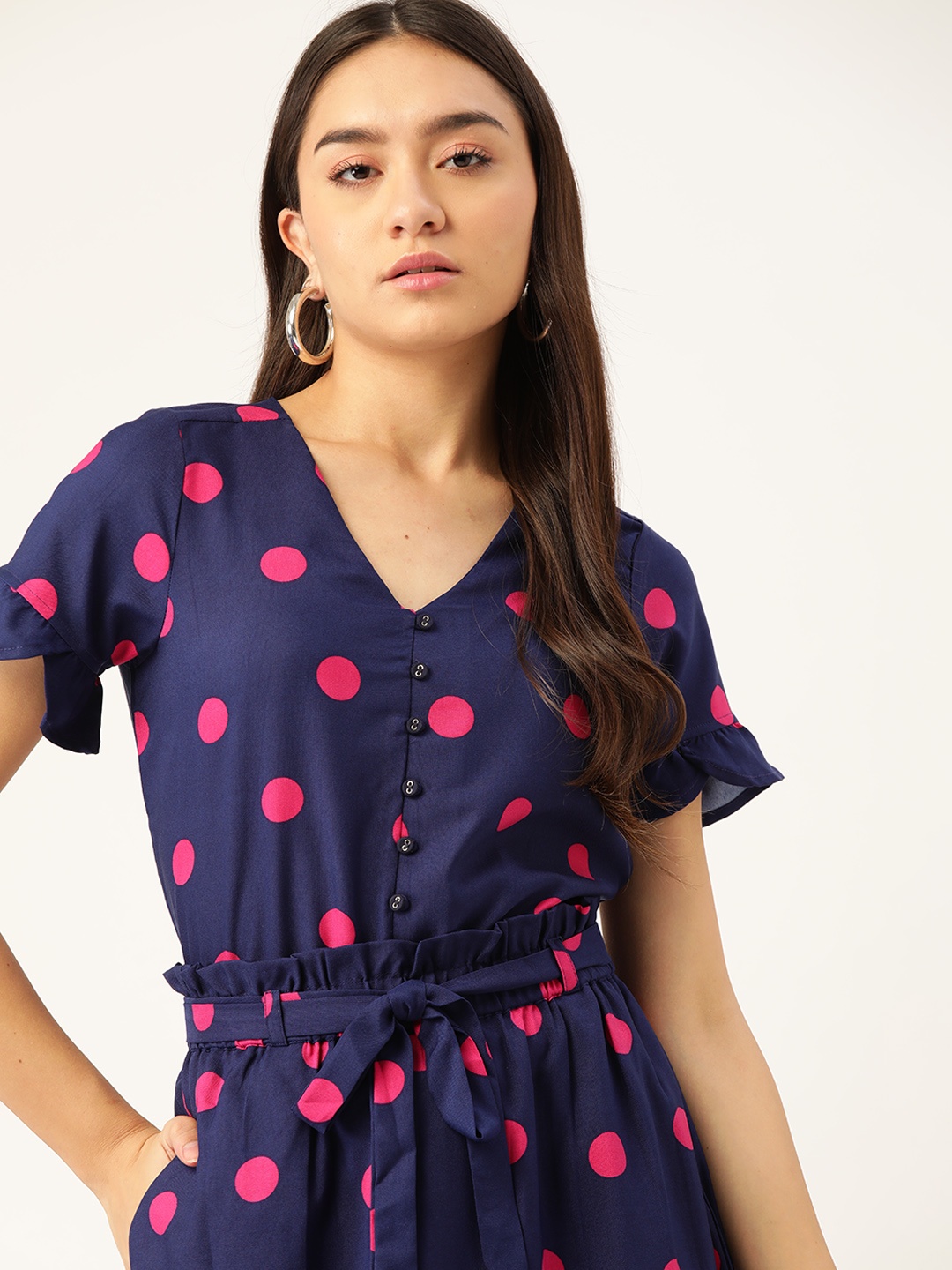 

DressBerry Women Navy Blue & Pink Ruffles Regular Top