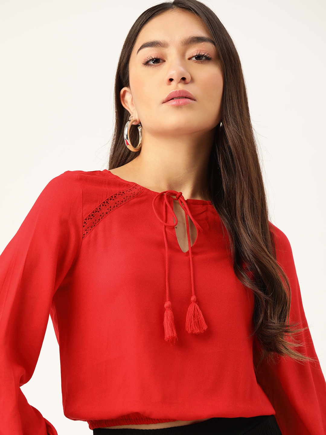 

DressBerry Red Ecovero Tie-Up Neck Blouson Top