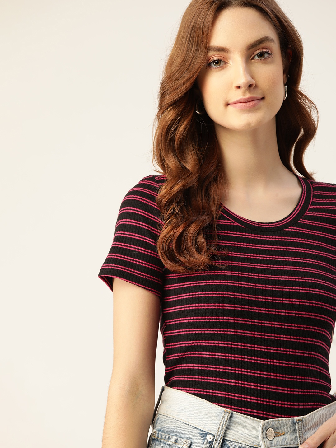 

DressBerry Women Black & Pink Striped Crop T-shirt