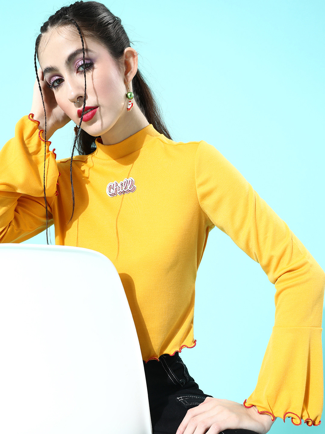 

DressBerry Women Bright Yellow Typography Cropped Top