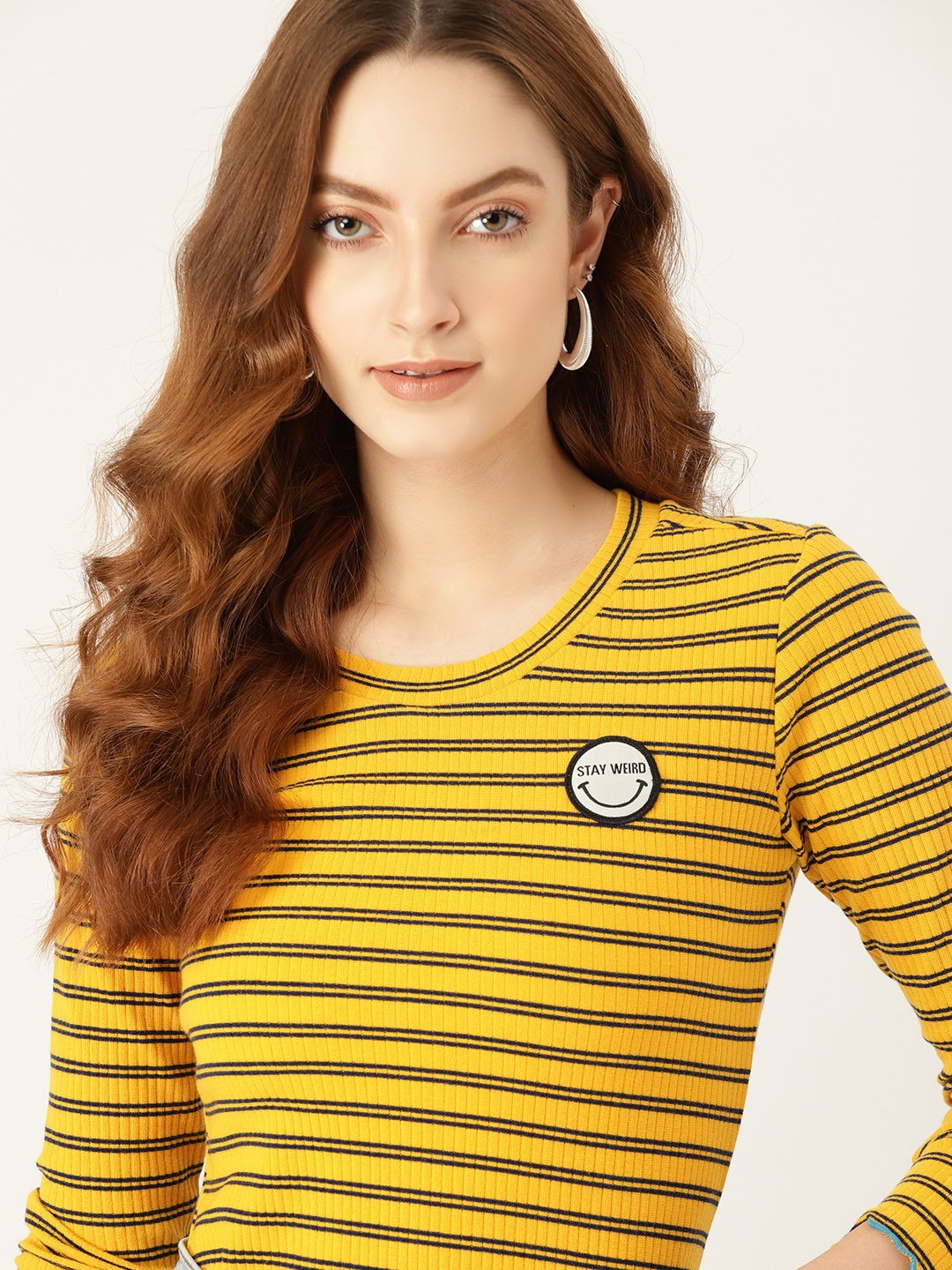 

DressBerry Women Mustard Yellow & Black Striped Applique T-shirt