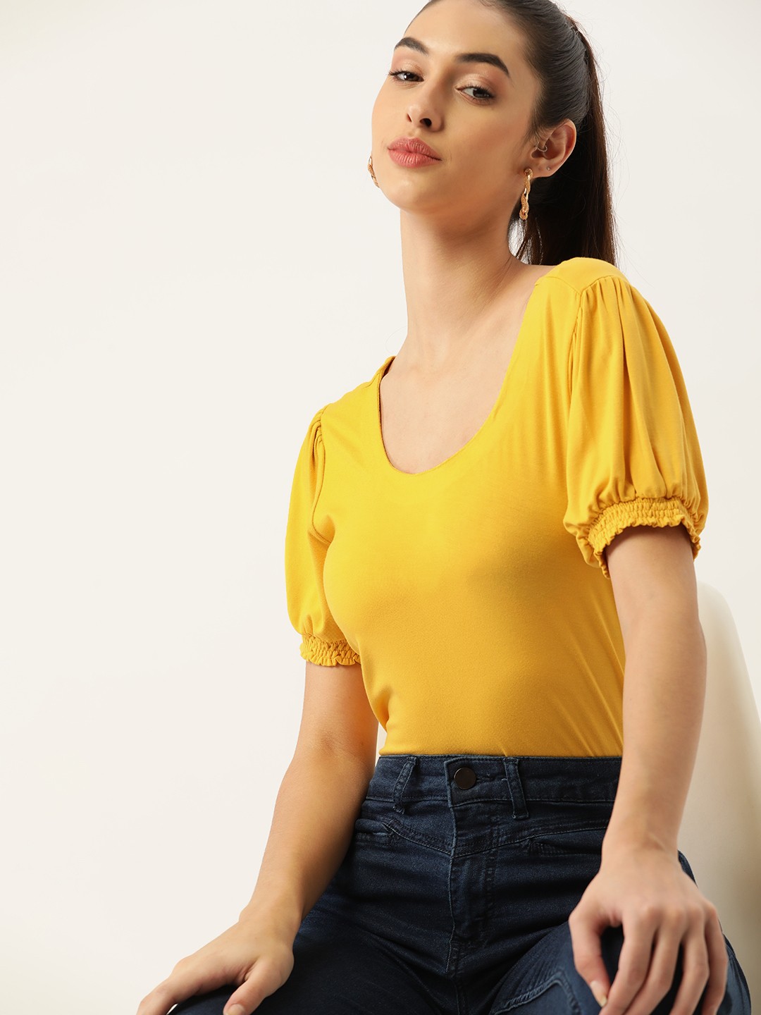 

DressBerry Mustard Yellow Solid Puff Sleeves Knit Top