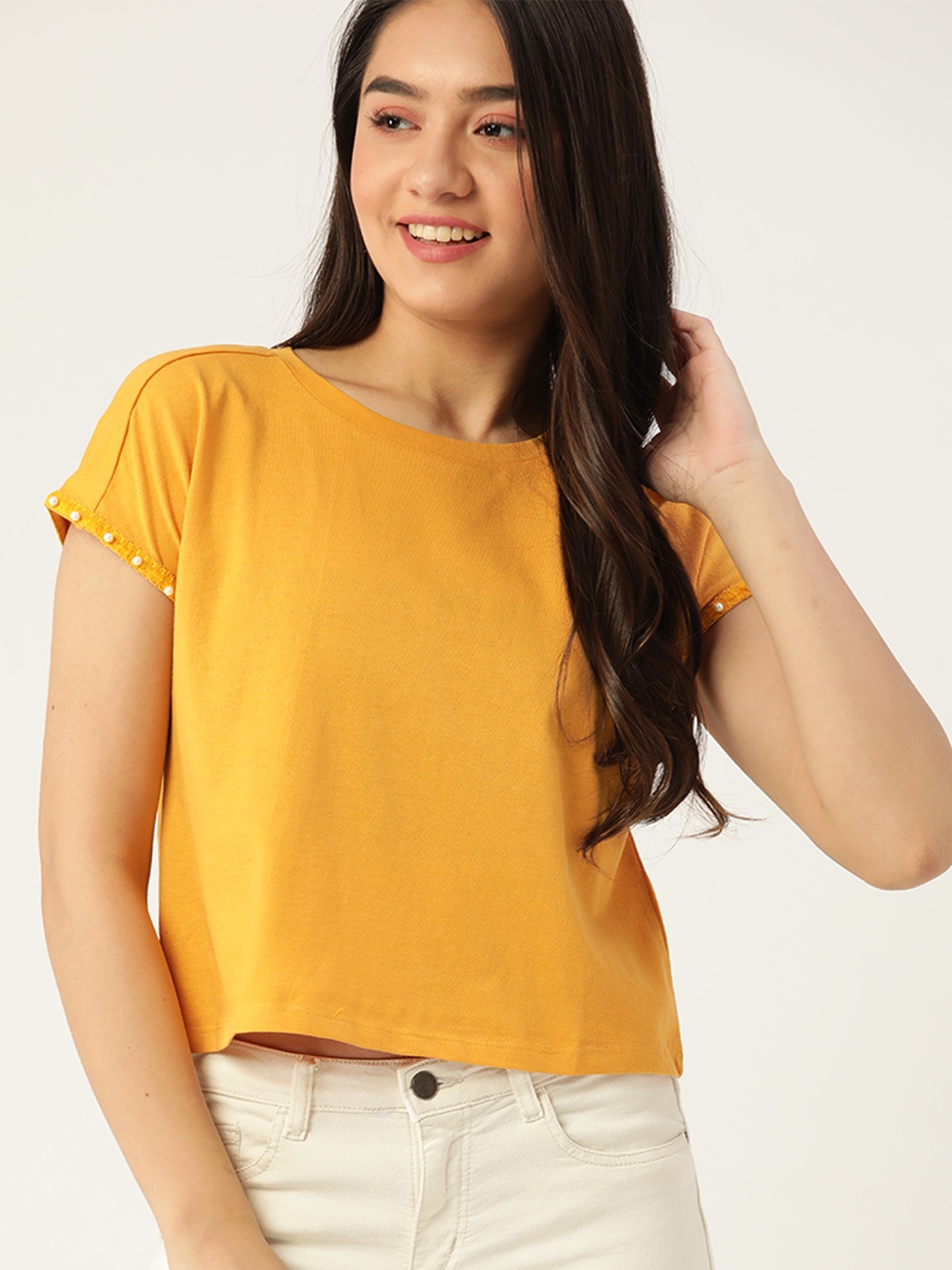 

DressBerry Women Mustard Yellow Extended Sleeves Sustainable & Recycled T-shirt