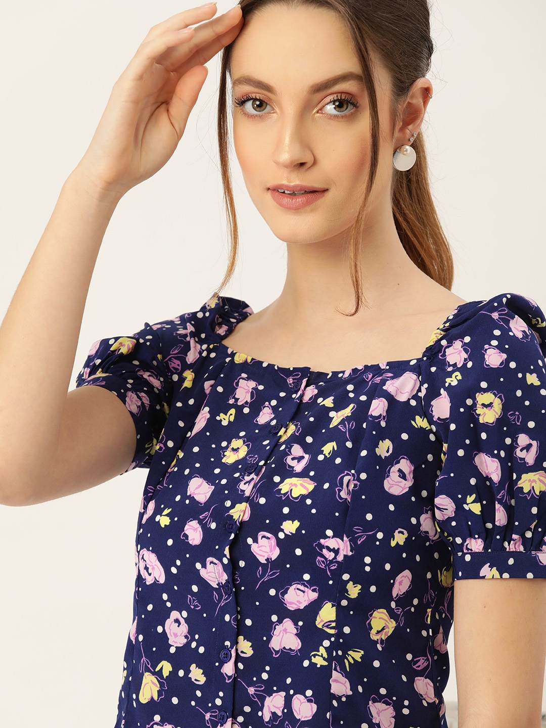 

DressBerry Blue & Yellow Floral Puff Sleeve Regular Top, Navy blue