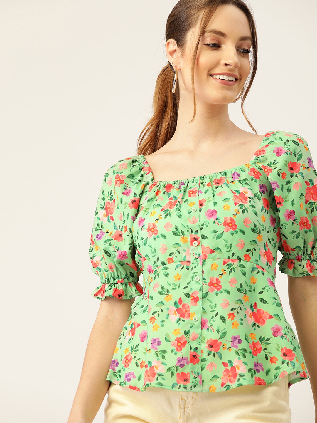

DressBerry Green & Pink Floral Puff Sleeve Top