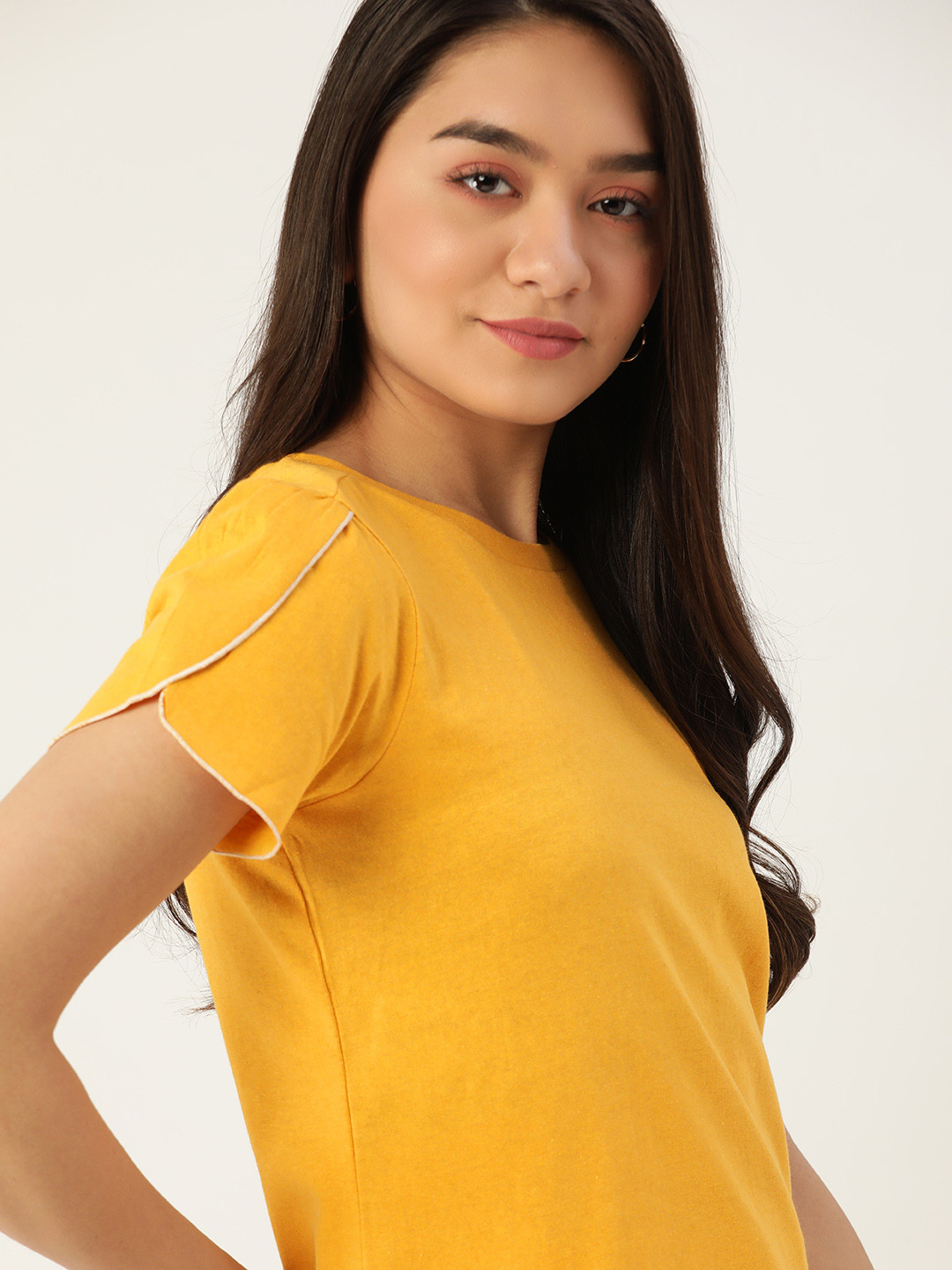 

DressBerry Mustard Yellow Solid Sustainable & Recycled Slit Sleeves Top