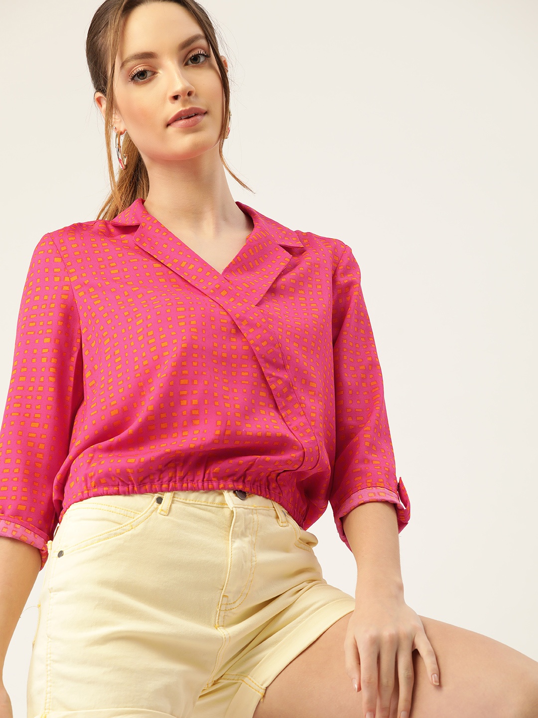 

DressBerry Fuchsia & Orange Geometric Print Wrap Blouson Top