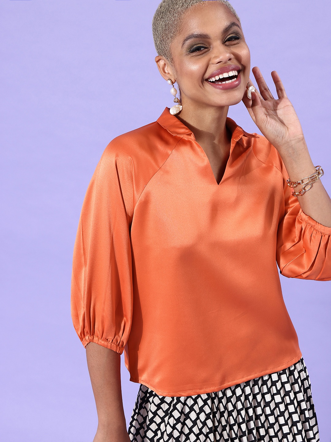 DressBerry Women Coral Solid Puff Sleeves Top