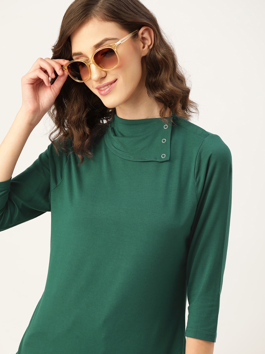 

DressBerry Green Solid Snap Button Detail Top