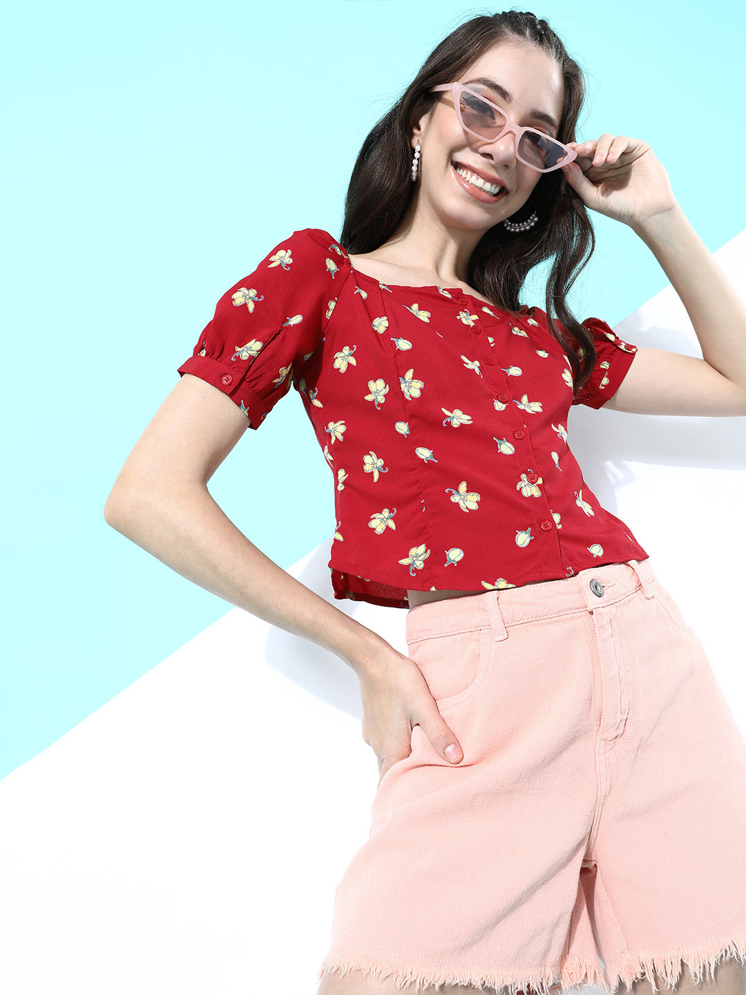 

DressBerry Women Gorgeous Red Floral Puff Sleeves Top