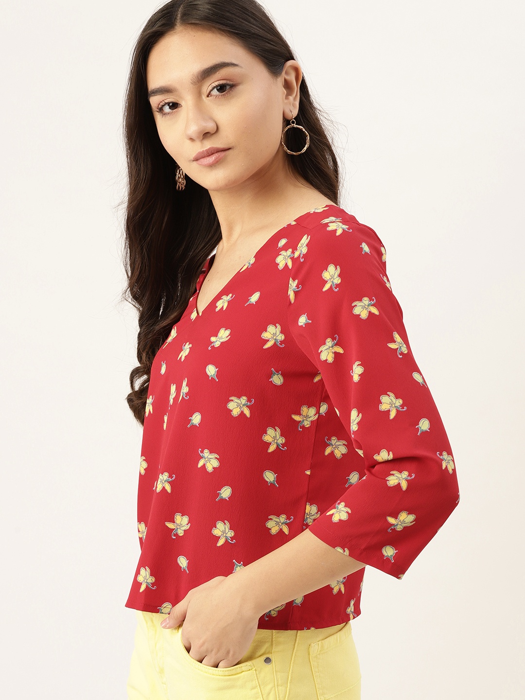 

DressBerry Red & Yellow Floral Print Styled Back Top