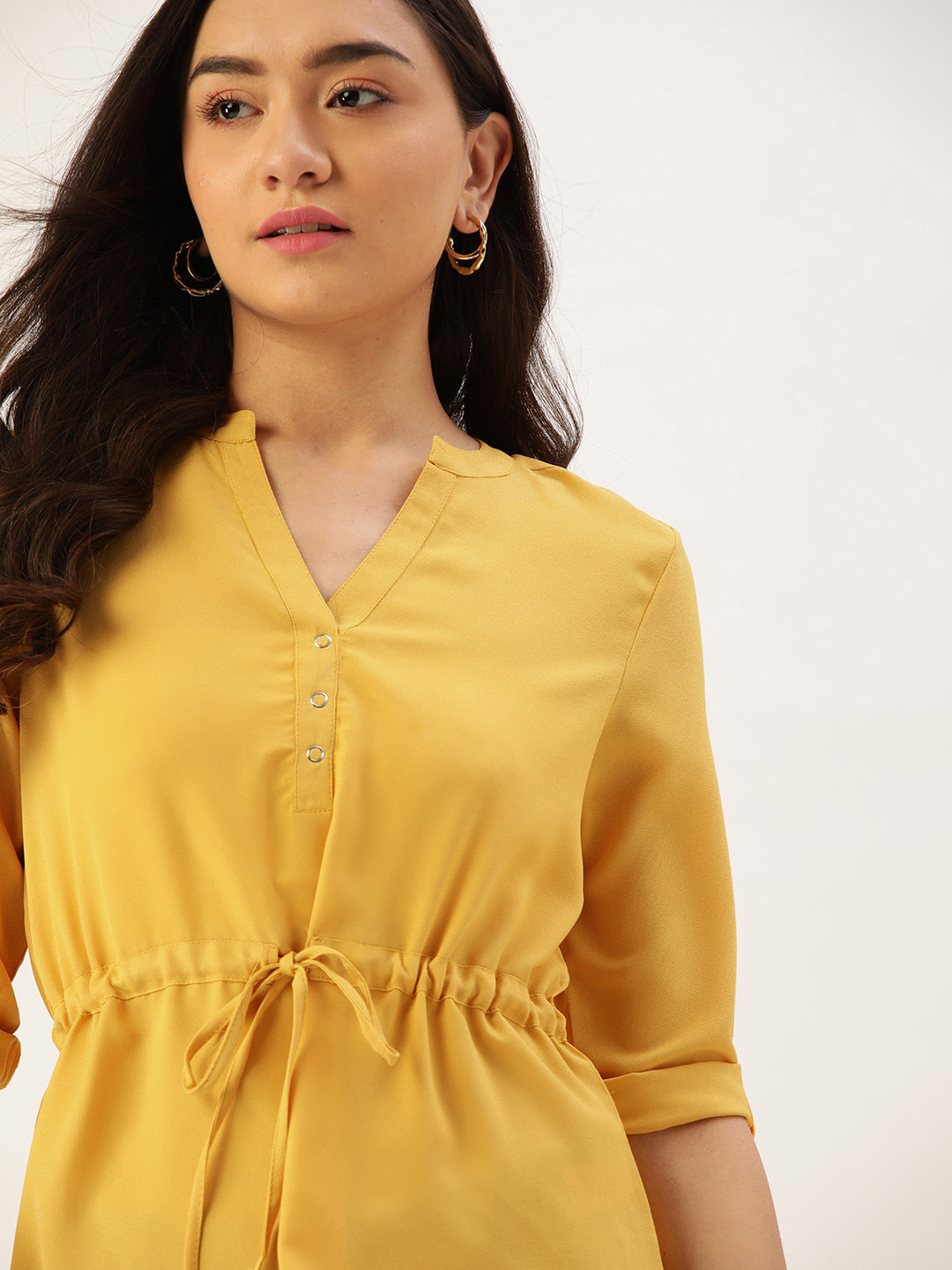 

DressBerry Women Yellow Solid Roll-Up Sleeves Regular Top
