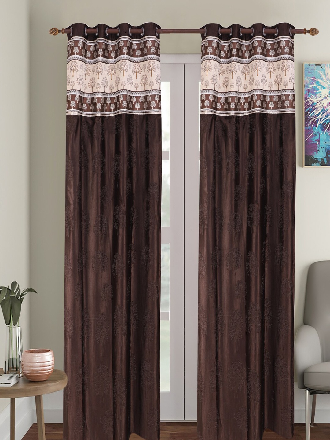 

MFD HOME FURNISHING Brown & Off-White Set of 2 Curtains