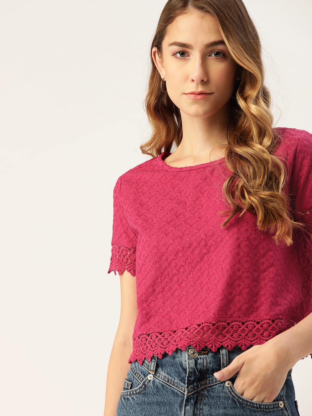 

DressBerry Pink Pure Cotton Embroidered Regular Crop Top