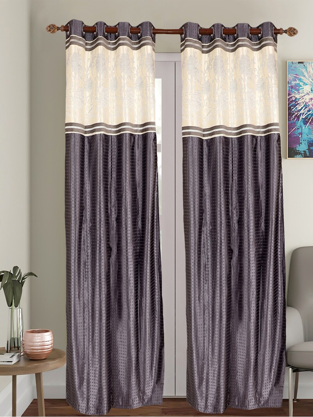 

MFD HOME FURNISHING Grey & Cream-Coloured Set of 2 Door Curtains