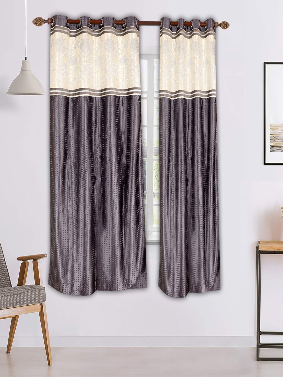 

MFD HOME FURNISHING Grey & Cream-Coloured Set of 2 Window Curtains