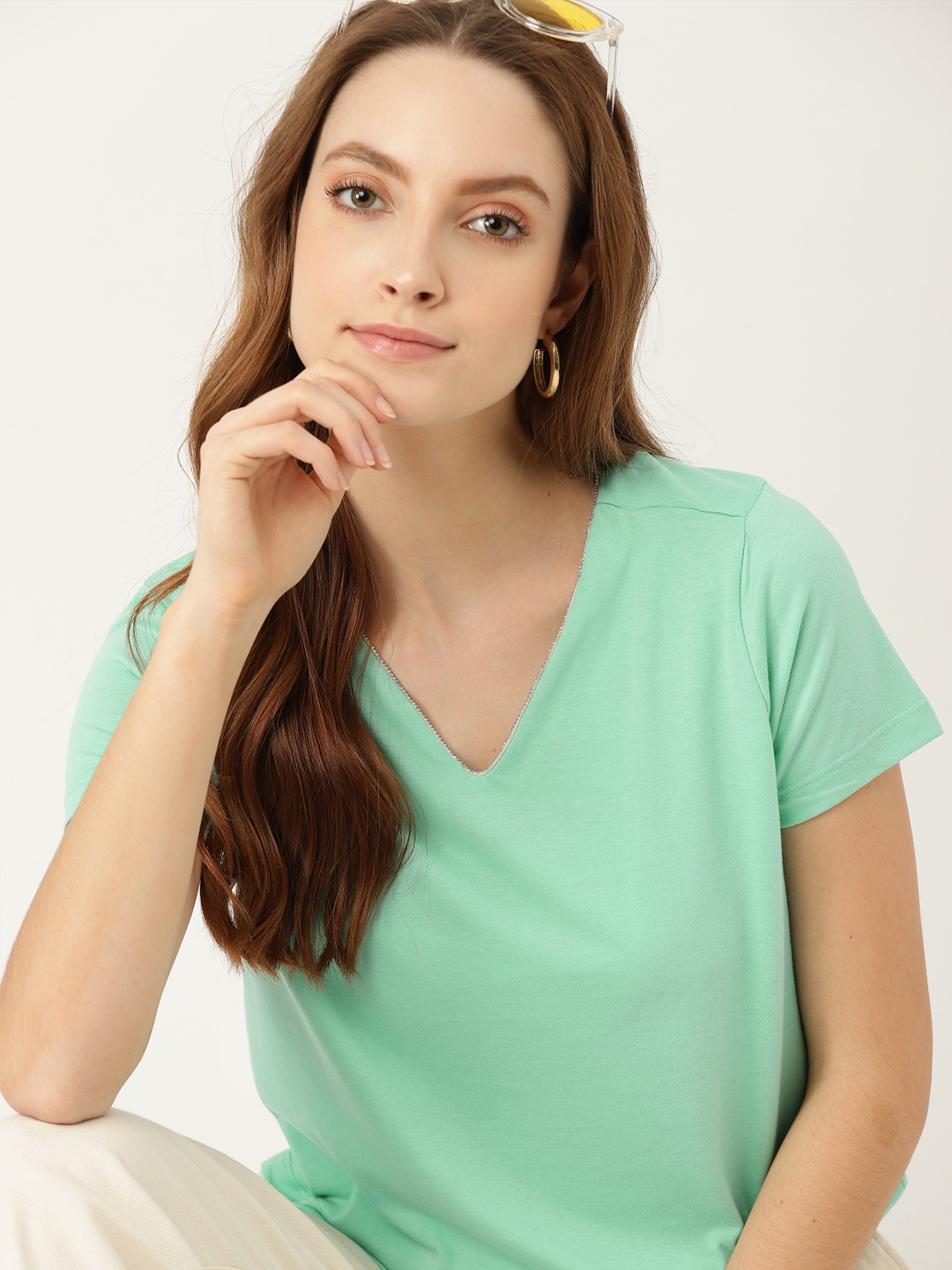 

DressBerry Women Green Solid V-Neck T-shirt