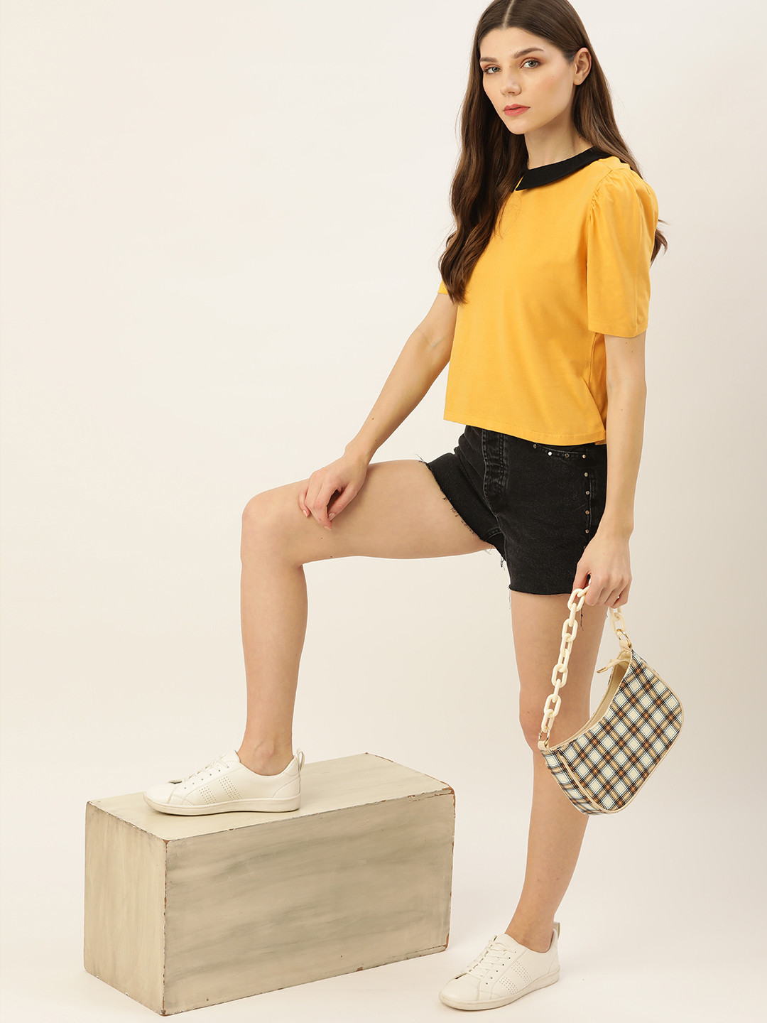 

DressBerry Women Mustard Yellow & Black Pure Cotton Peter Pan Collar Top