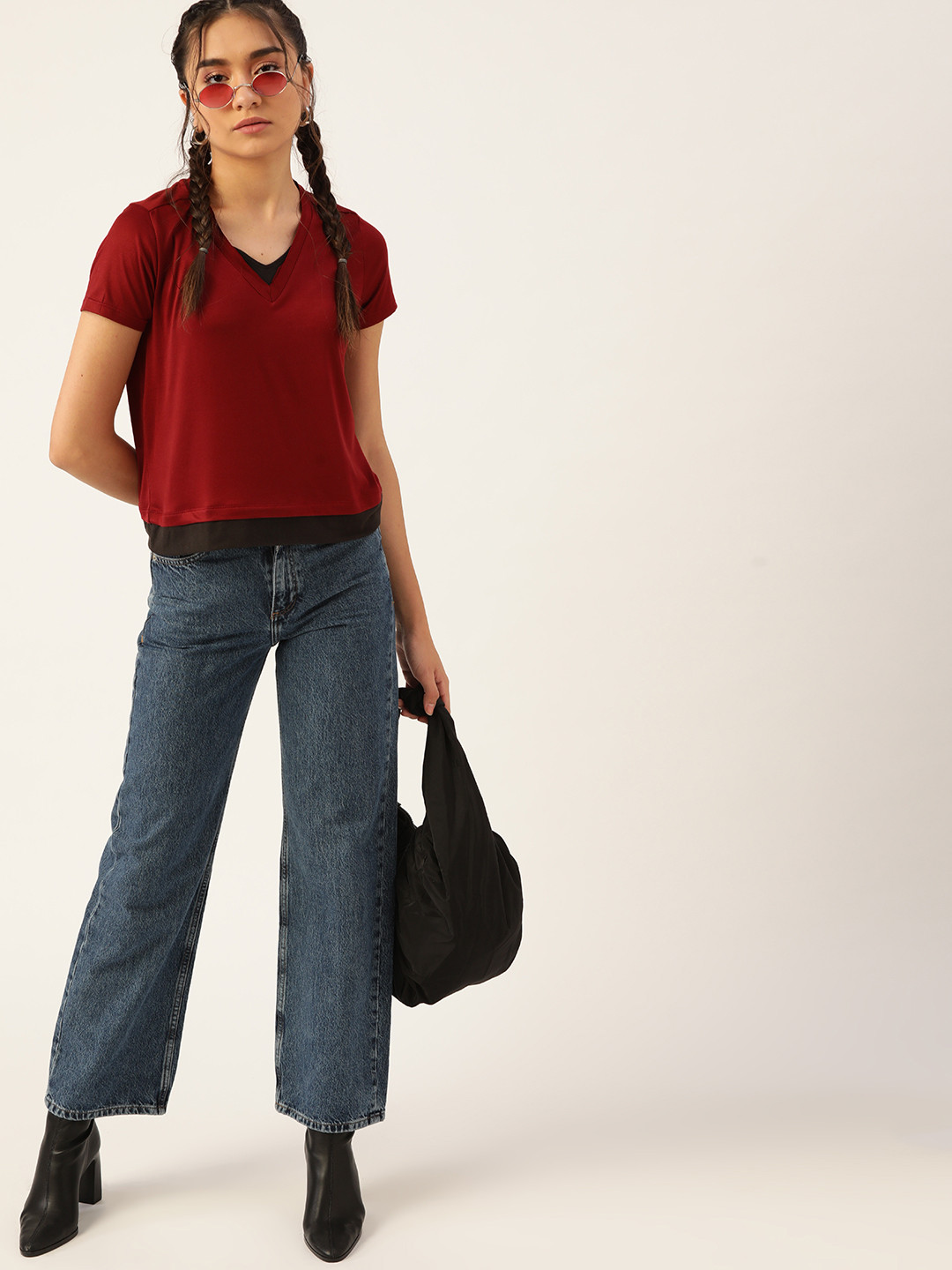 

DressBerry Women Maroon & Black V-Neck Raw Edge T-shirt