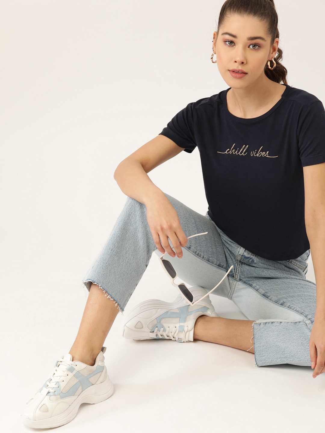 

DressBerry Women Navy Blue Printed T-shirt