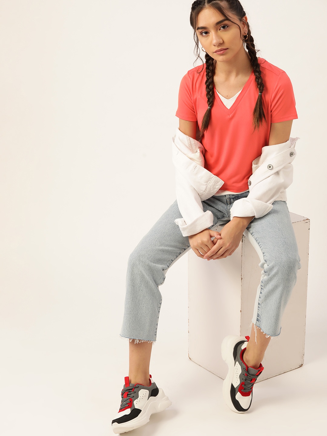 

DressBerry Women Coral Red V-Neck Raw Edge T-shirt
