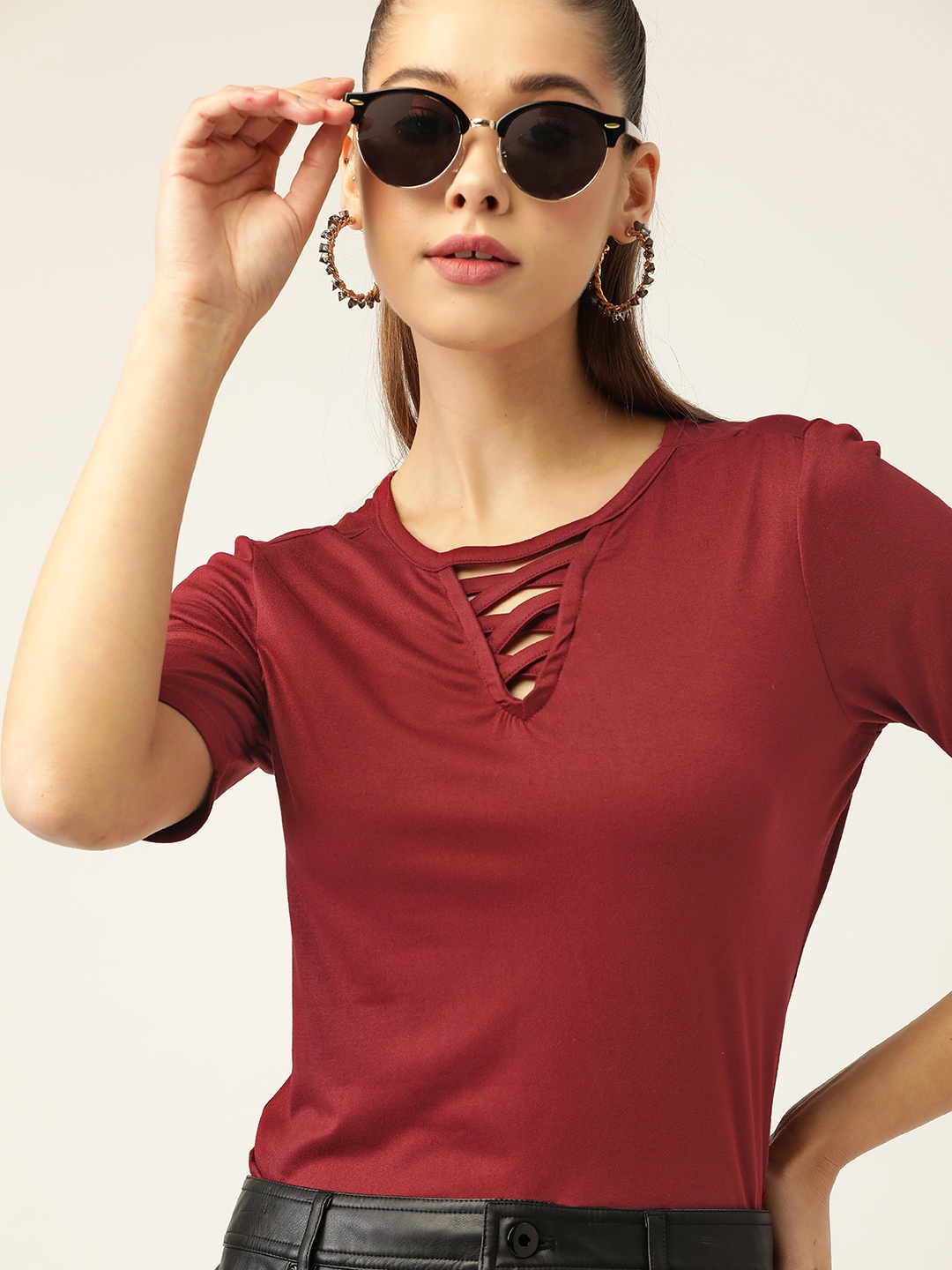 

DressBerry Women Maroon Solid Top With Cutout Detail