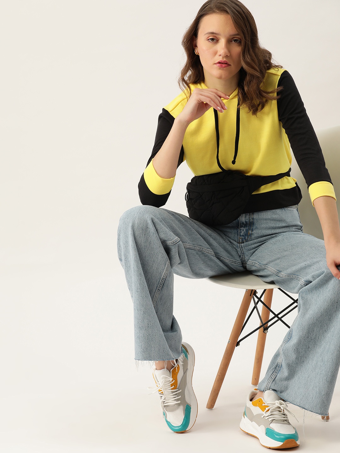 

DressBerry Women Yellow & Black Solid Hooded T-shirt