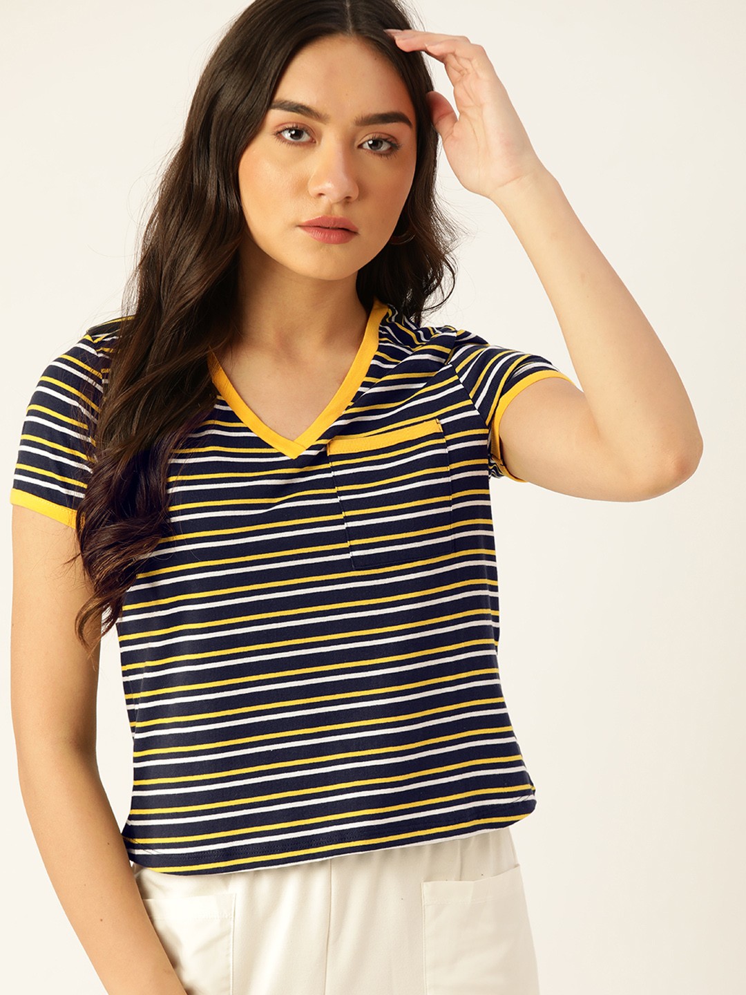

DressBerry Women Navy Blue & Yellow Cotton Striped V-Neck T-shirt