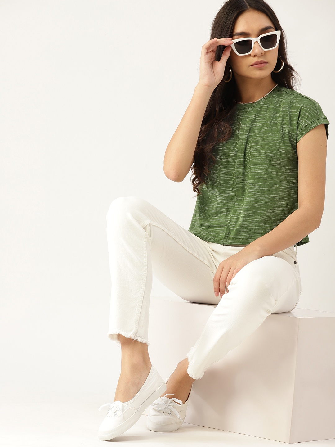 

DressBerry Women Green & Off-White Pure Cotton Self-Design Extended Sleeves T-shirt