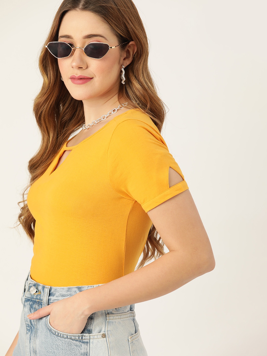 

DressBerry Women Mustard Yellow Pure Cotton Cut Out T-shirt