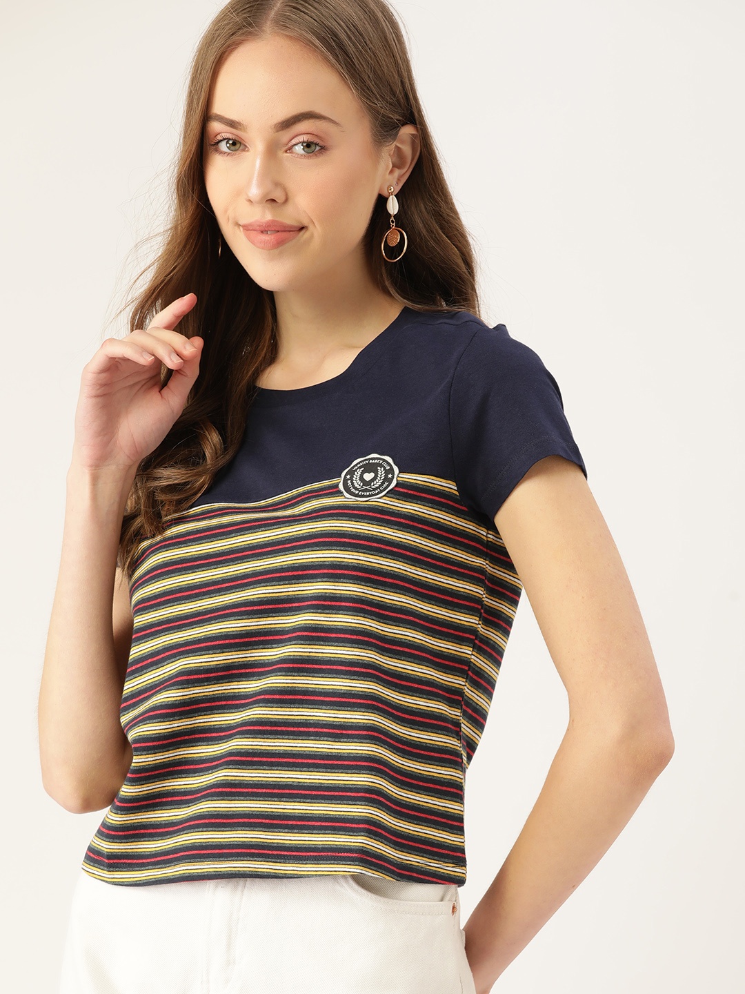 

DressBerry Women Navy Blue & Yellow Striped Applique T-shirt