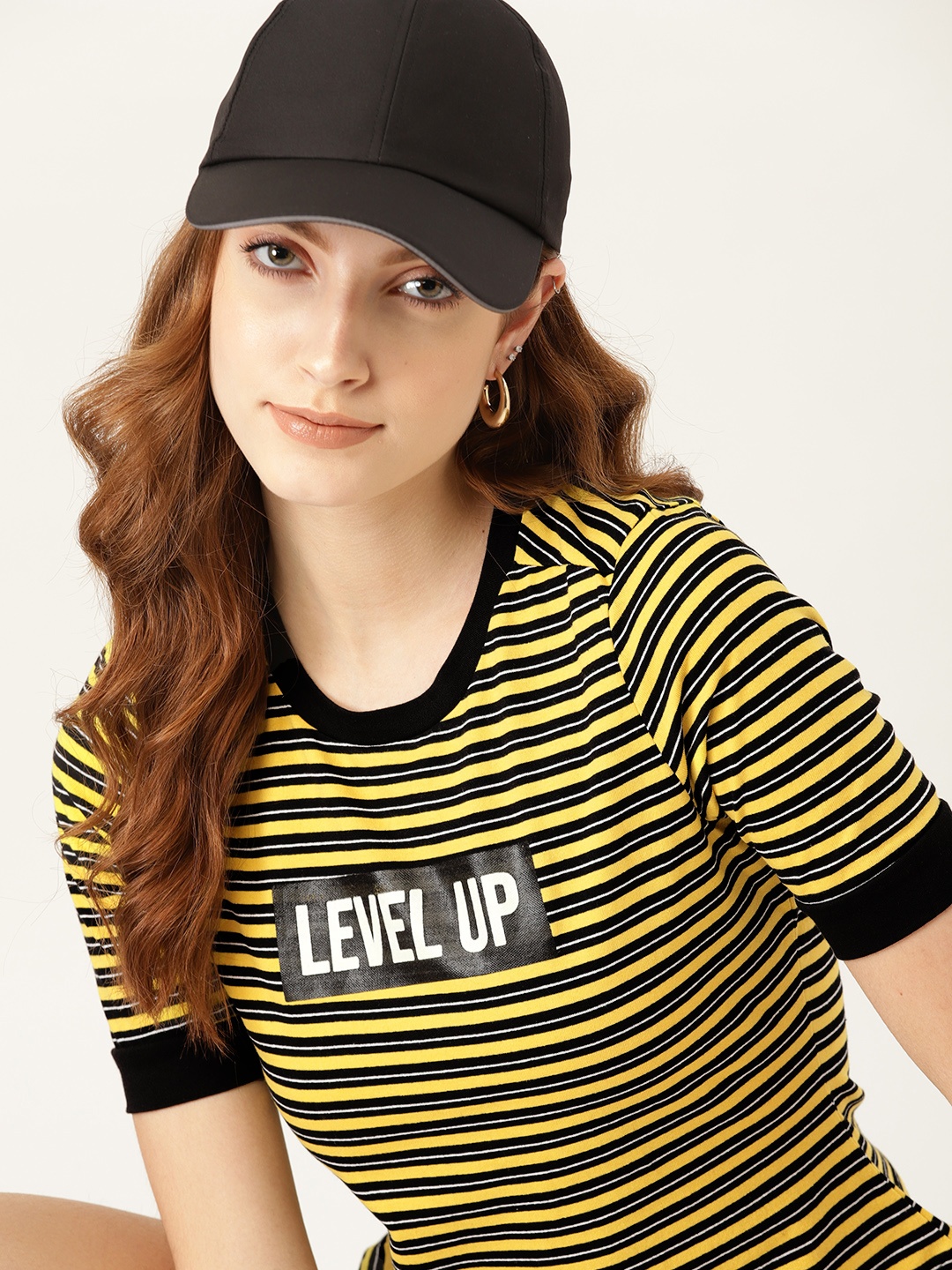

DressBerry Women Yellow & Black Striped Sustainable & Recycled T-shirt