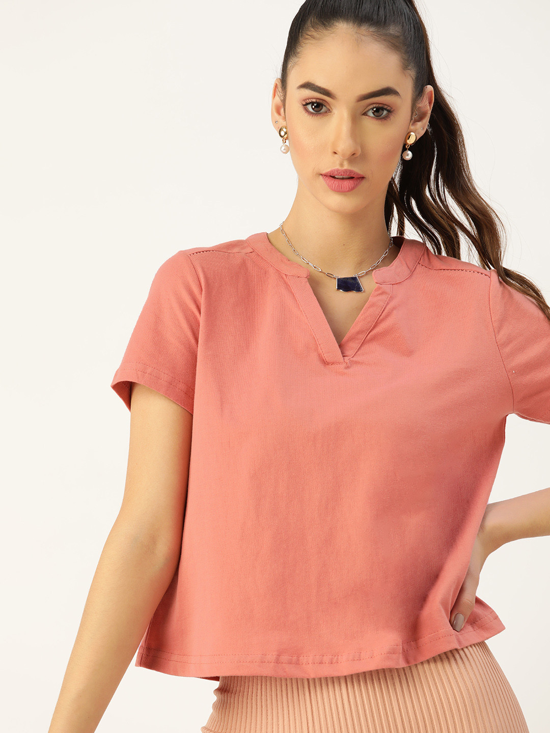 

DressBerry Women Coral Pink Solid Pure Cotton Mandarin Collar T-shirt
