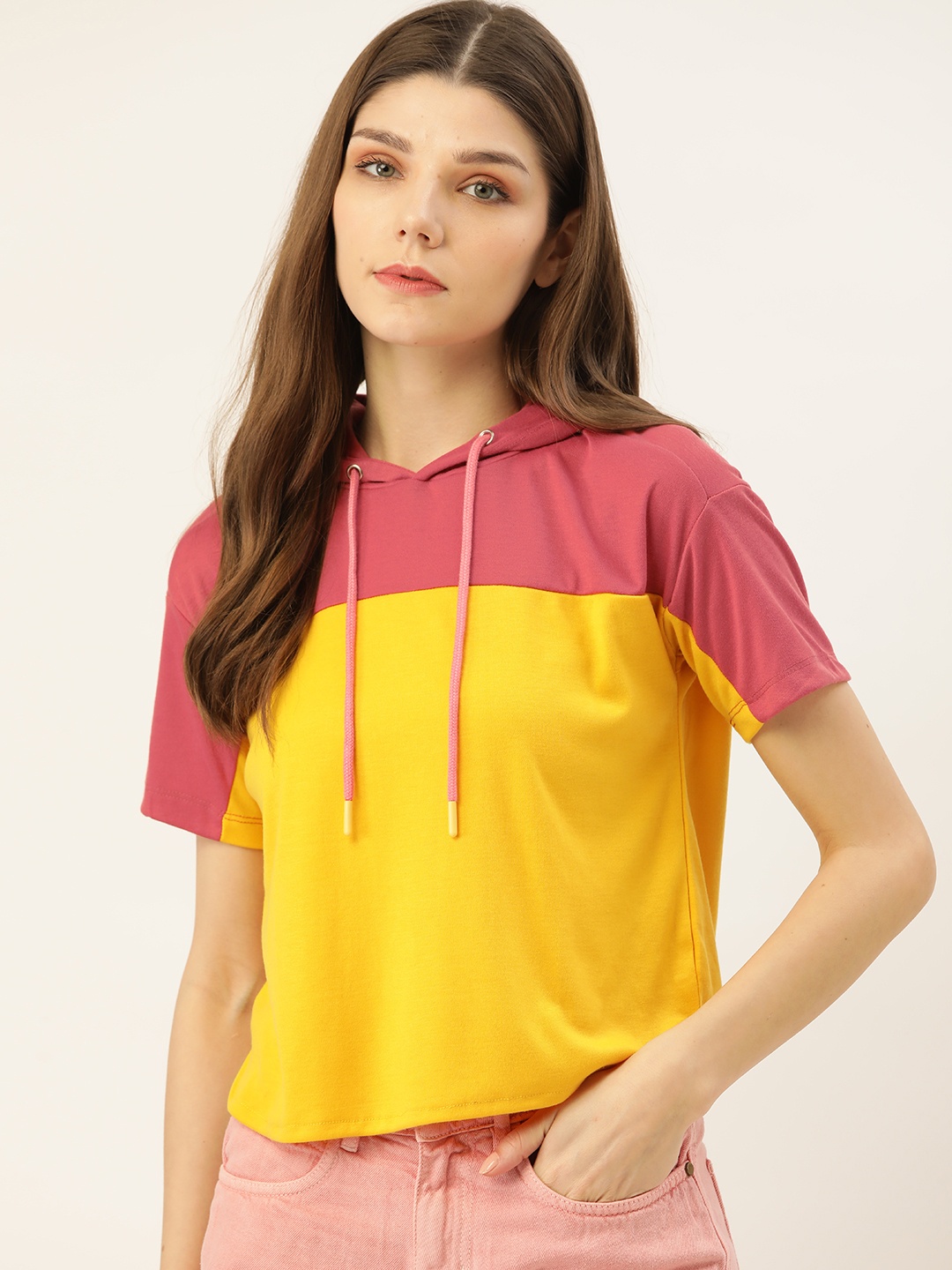 

DressBerry Women Mustard Yellow & Pink Colourblocked T-shirt