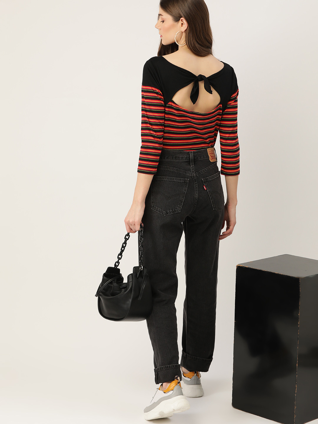 

DressBerry Women Black & Red Striped T-shirt with Back Tie-Up