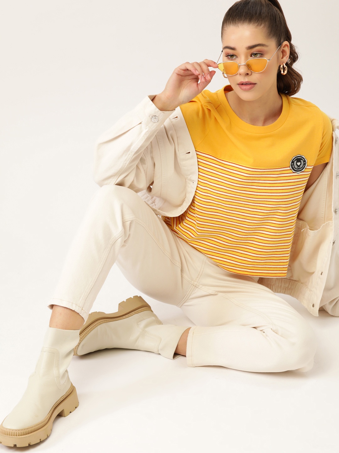 

DressBerry Women Mustard Yellow & White Striped Sustainable & Recycled T-shirt