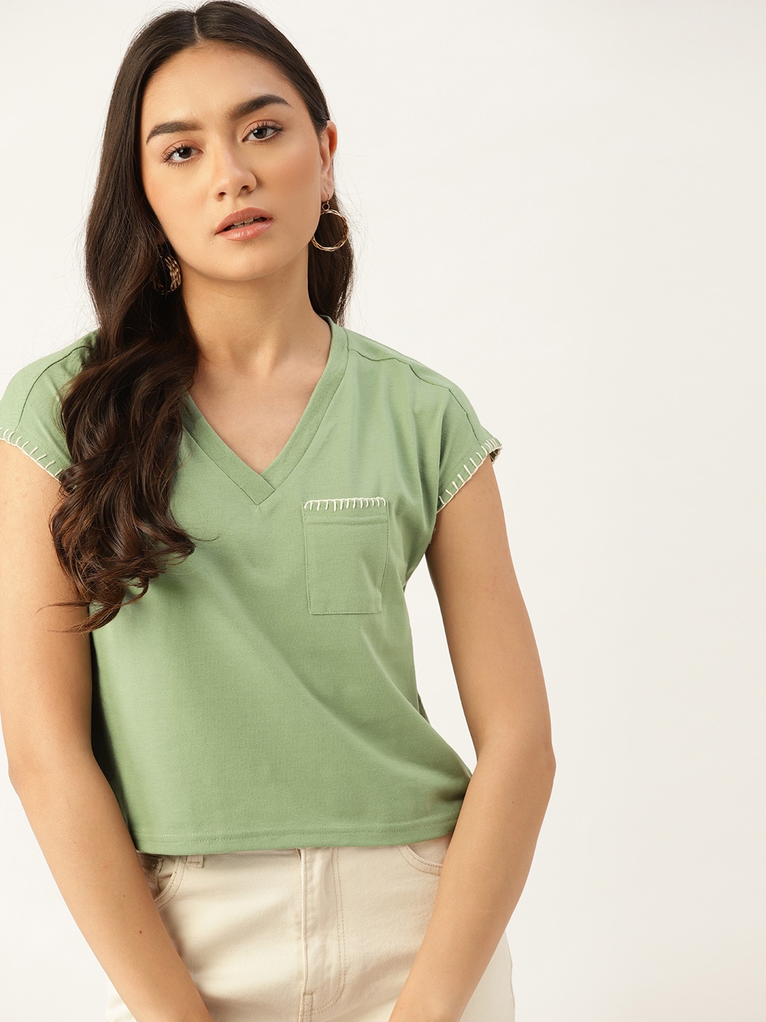

DressBerry Women Green Solid V-Neck T-shirt