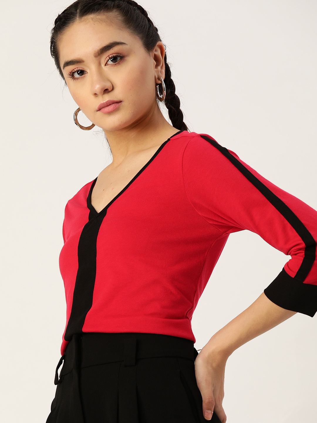 

DressBerry Women Pink & Black V-Neck T-shirt