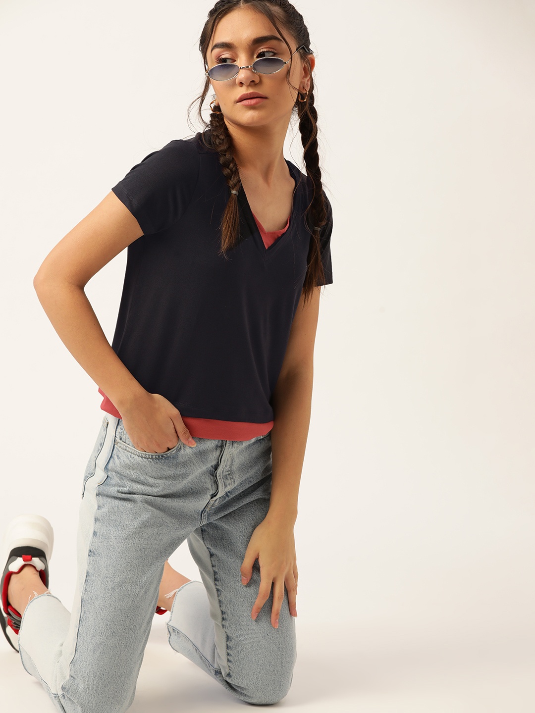 

DressBerry Women Navy Blue & Maroon V-Neck Raw Edge T-shirt