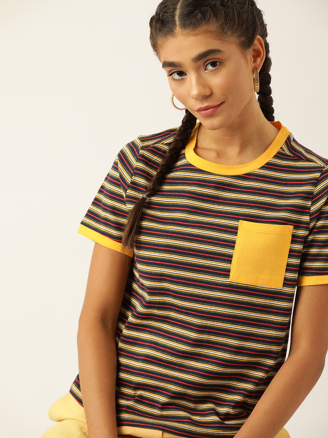 

DressBerry Women Yellow & Navy Blue Striped T-shirt