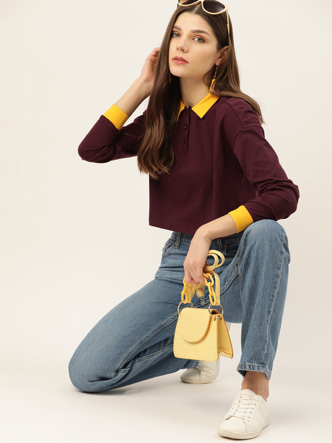 

DressBerry Women Maroon & Mustard Yellow Polo Collar Crop T-shirt