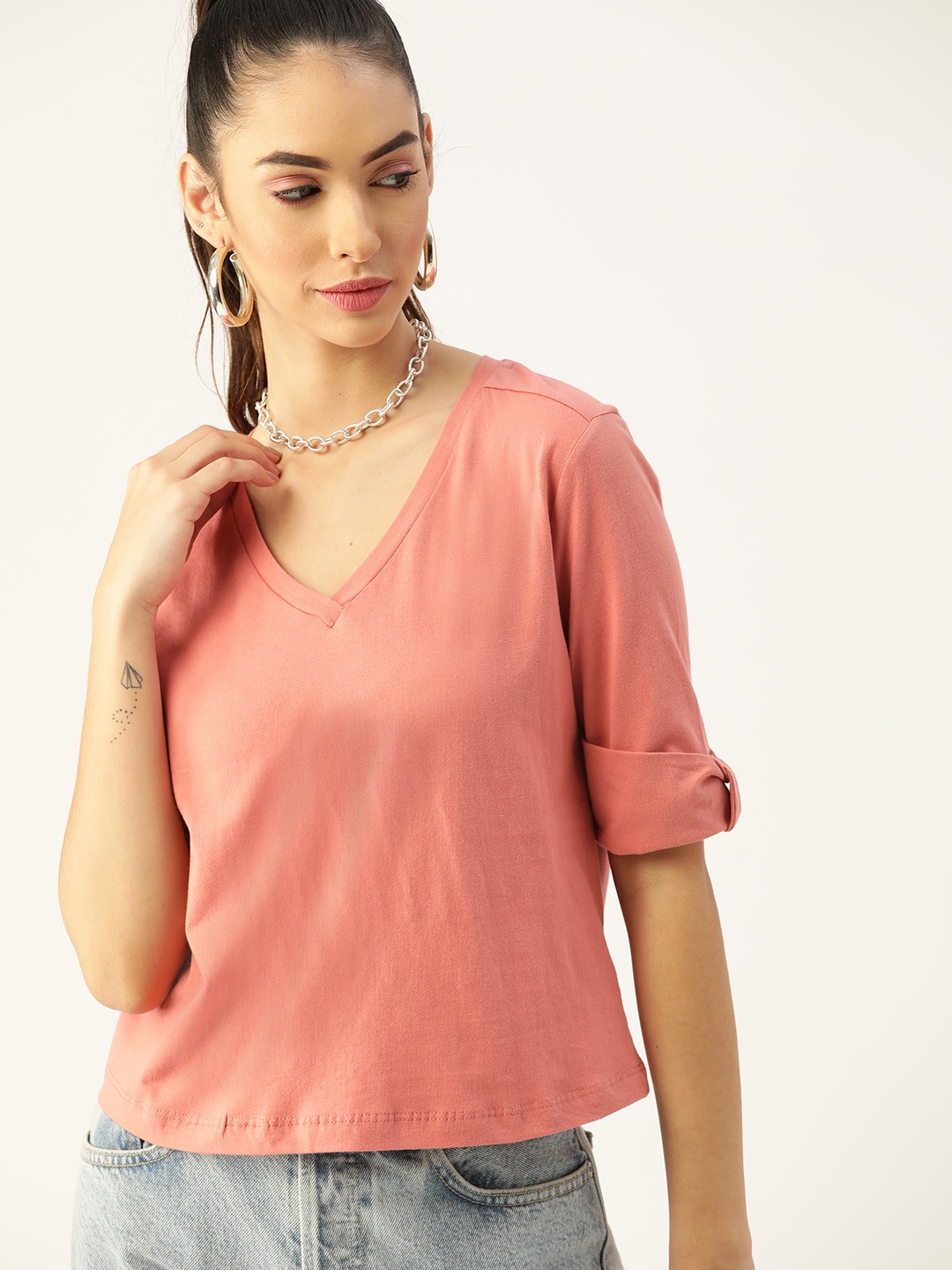 

DressBerry Women Coral Pink V-Neck Roll-Up Sleeves Pure Cotton T-shirt