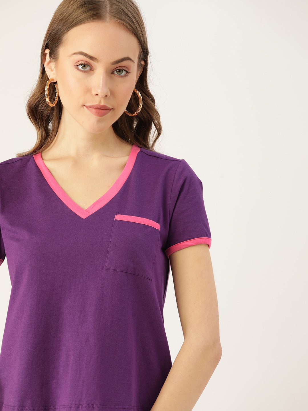 

DressBerry Women Purple Pure Cotton V-Neck T-shirt