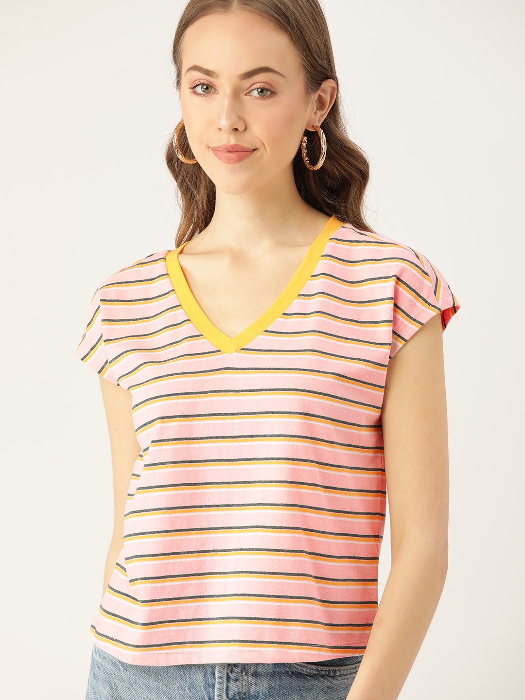 

DressBerry Women Pink & Yellow Striped V-Neck Extended Sleeves T-shirt