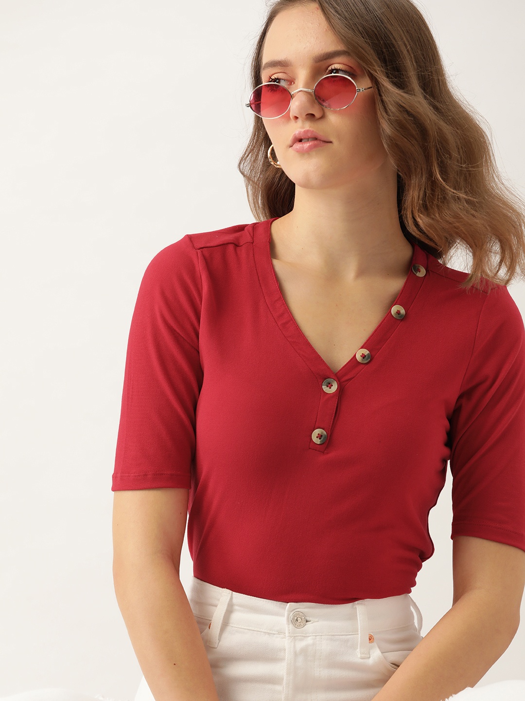 

DressBerry Women Red V-Neck T-shirt
