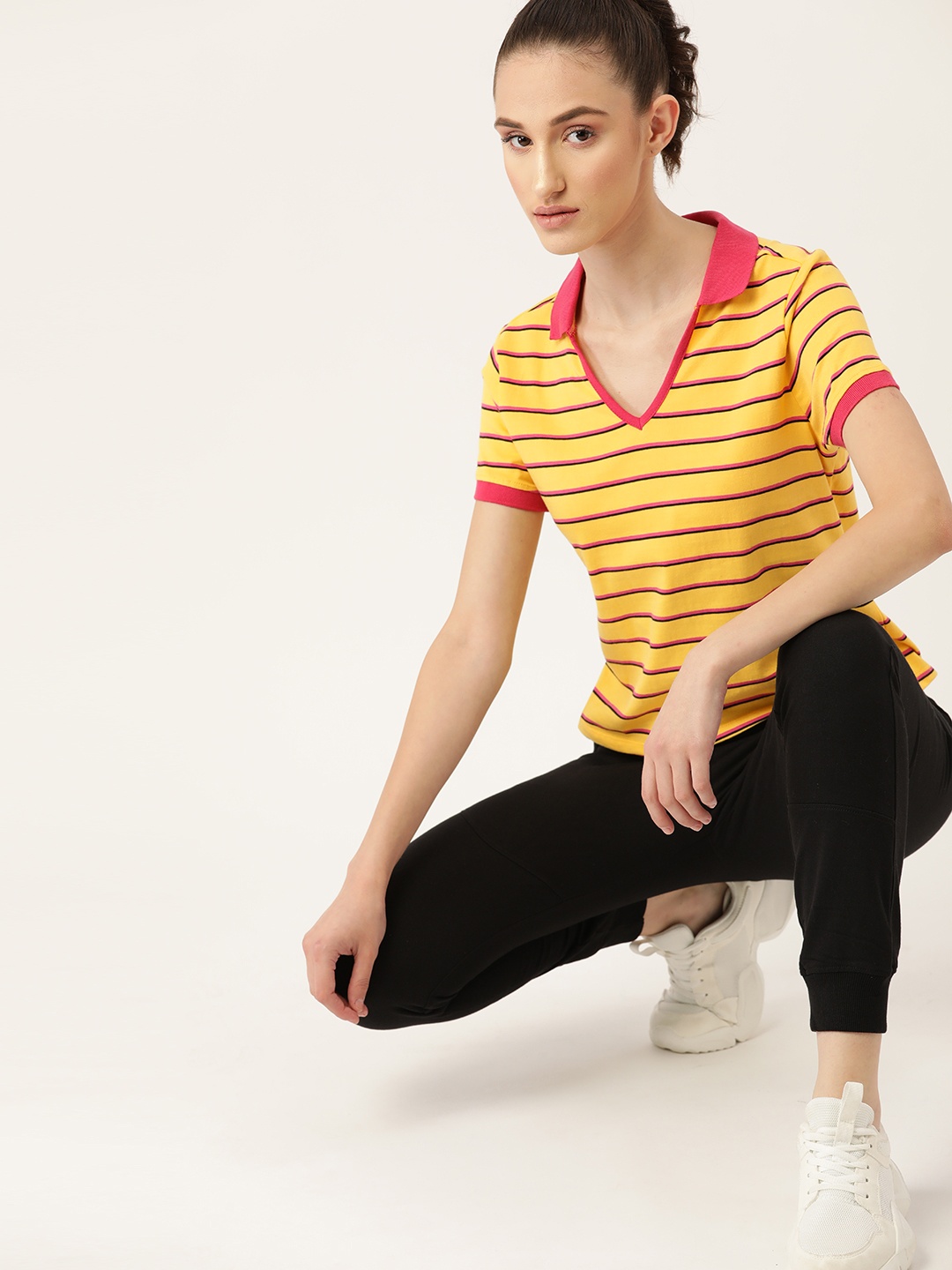 

DressBerry Women Yellow & Pink Striped Polo Collar Pure Cotton T-shirt