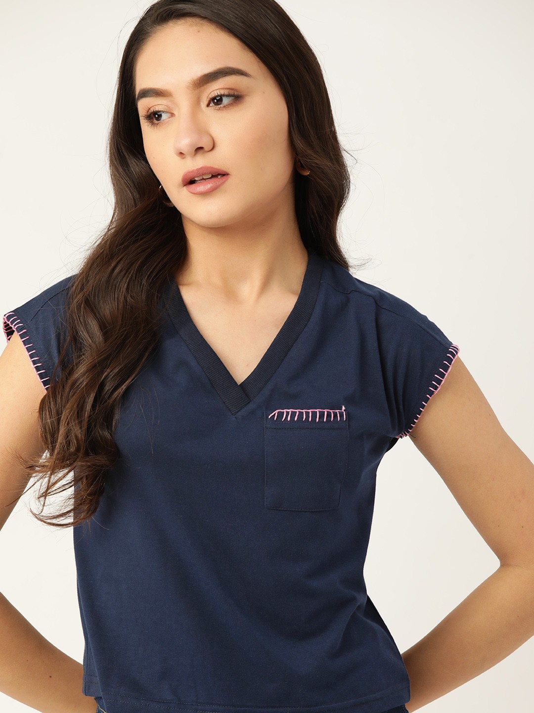 

DressBerry Women Navy Blue V-Neck Solid Extended Sleeves T-shirt