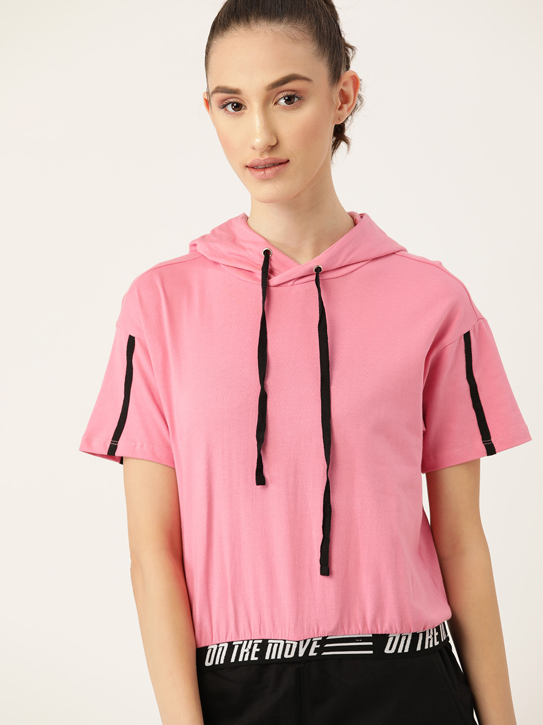 

DressBerry Women Pink & Black Solid Hooded Pure Cotton T-shirt